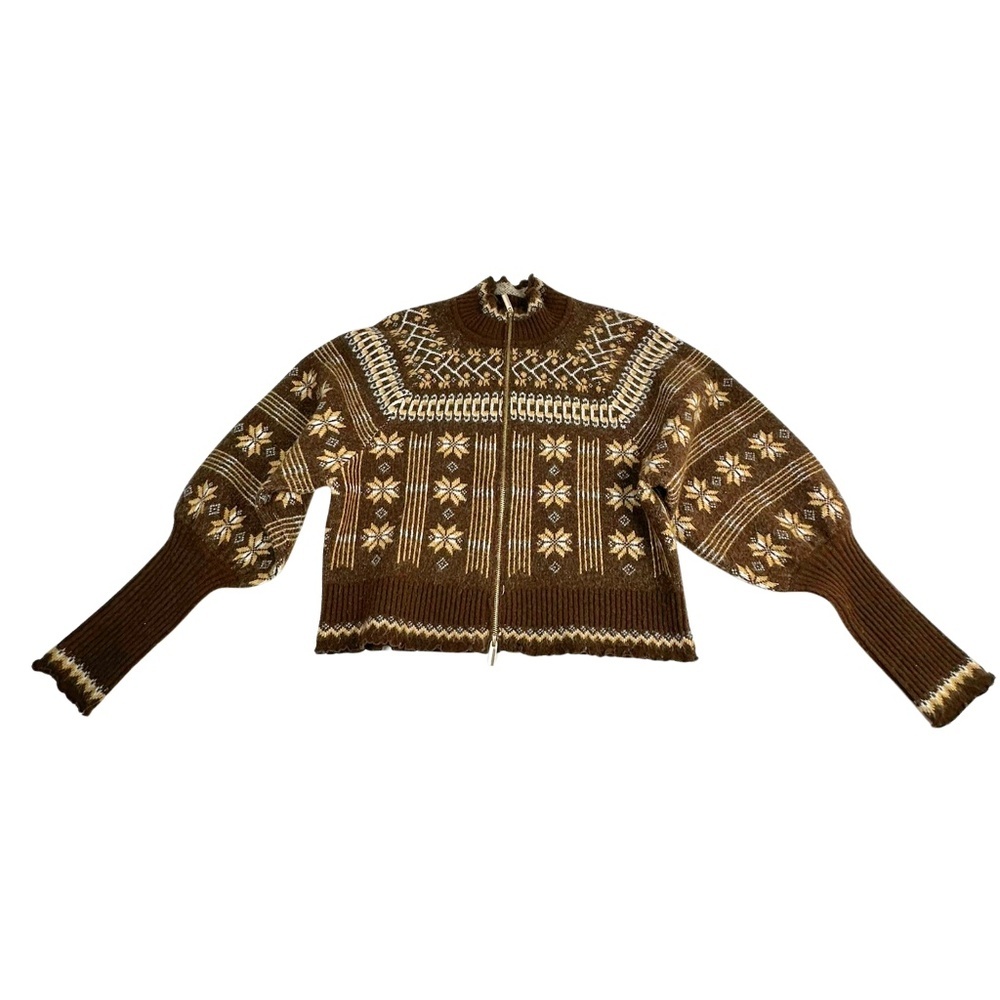 House of Harlow Nordic Zip Sweater Large Brown Fair Isle Knit